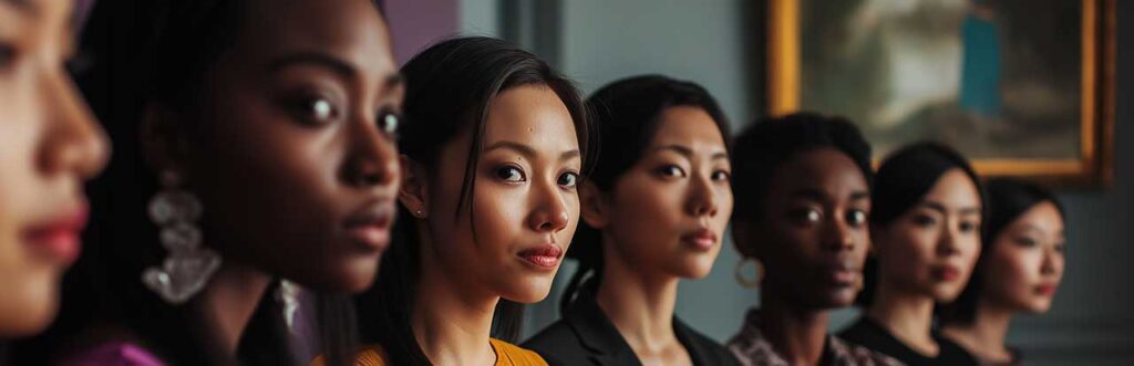 Seven people stand in a row, gazing forward thoughtfully. The background features an out-of-focus painting on the wall.
