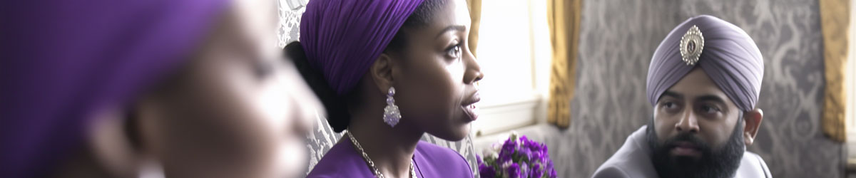Three people in elegant attire, wearing purple turbans, sit indoors. The setting appears formal, with intricate wallpaper and gold-accented decor.