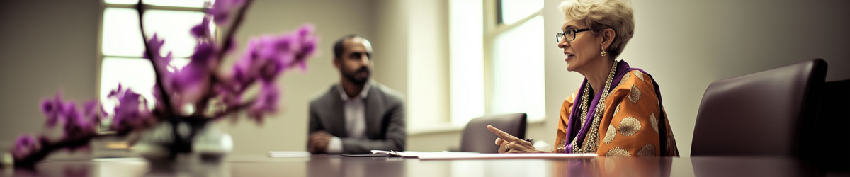 Two people sit at a conference table, with a focus on a person speaking. A vase with purple flowers decorates the foreground.