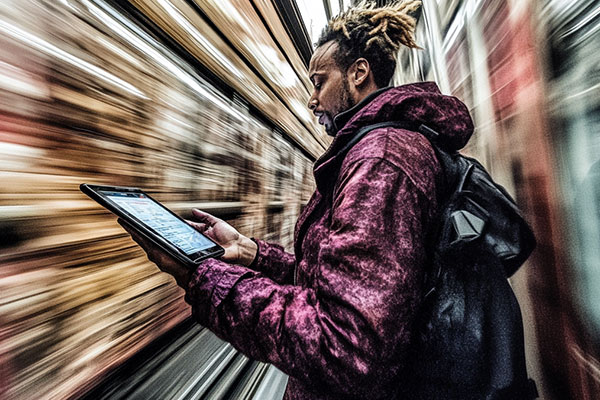 A person with a backpack intensely focuses on a tablet in a fast-moving train with a blurred background, suggesting speed and motion.