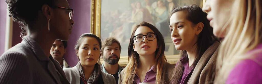 A group of people engaged in conversation in a room, with a painting in the background. The setting appears formal.