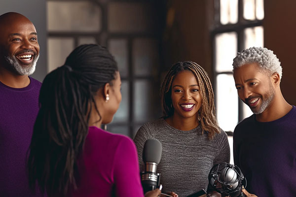 A group of four people smiling and holding microphones indoors, engaged in a lively conversation, with soft lighting and large windows in the background.