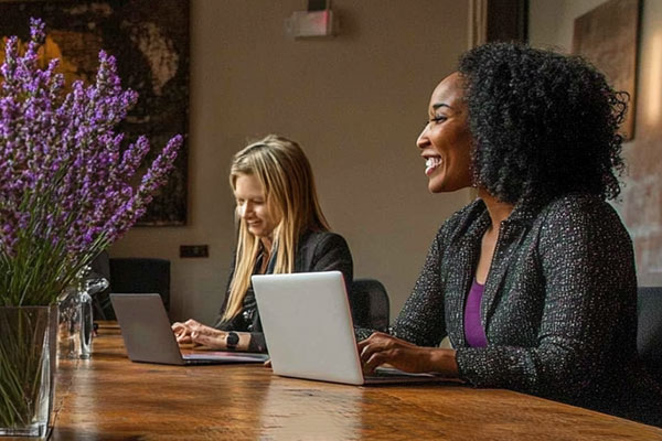 Two people working on laptops at a wooden table, with a vase of lavender nearby in a warmly lit room.