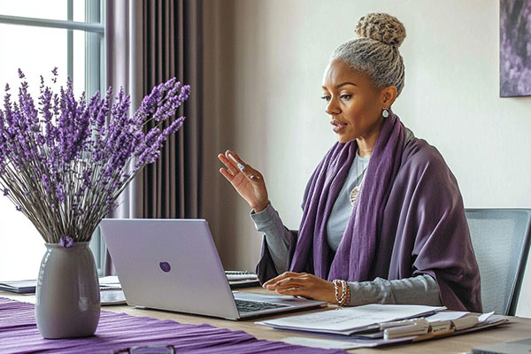A person speaking online, using a laptop. Lavender flowers and decor create a serene atmosphere in the well-lit room.