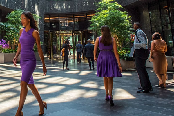 Several people walk inside a spacious lobby with large windows and potted plants. Two individuals in purple dresses stand out in the scene.