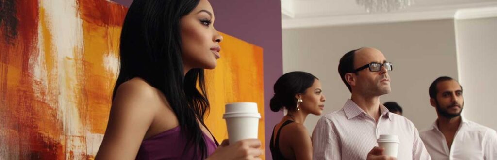 Several people holding coffee cups stand in a stylish room with modern art and a chandelier, engaged in conversation or contemplation.