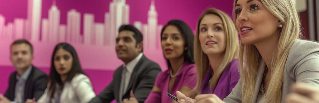 A group of six people sits attentively at a meeting table with a pink city skyline mural backdrop.