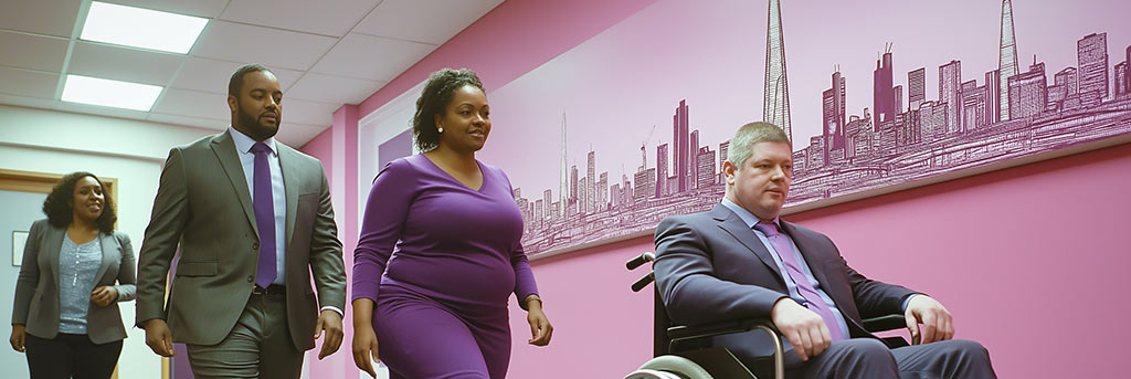 Four people in business attire walk along a hallway with a city skyline mural featuring the Shard. One person uses a wheelchair.