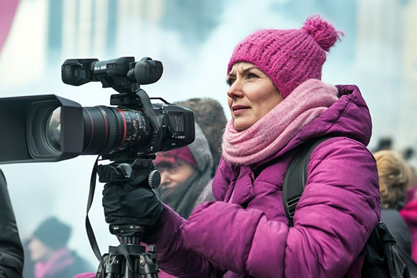 A person in a pink jacket and hat is using a professional video camera in an outdoor setting, with others in the background.